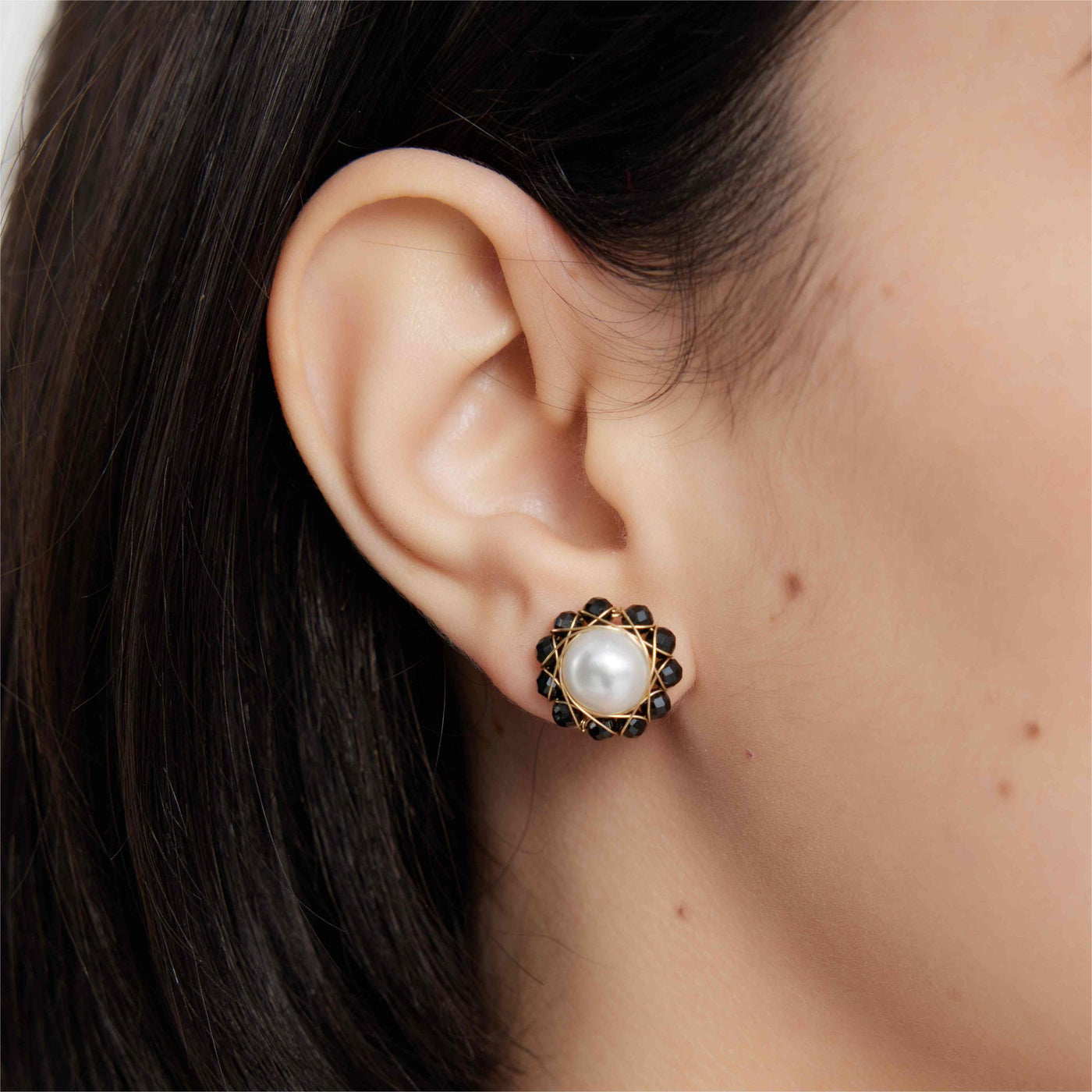 COCO KIM Mix Colors Series Black Spinel  & Pearl Stud Earrings