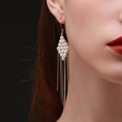 COCO Kim Flowing Pearl Series rhombus tassel hook earrings