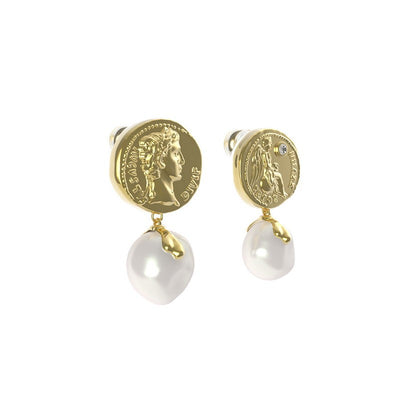 THEOGONY Roman coin with natural pearl stud earrings