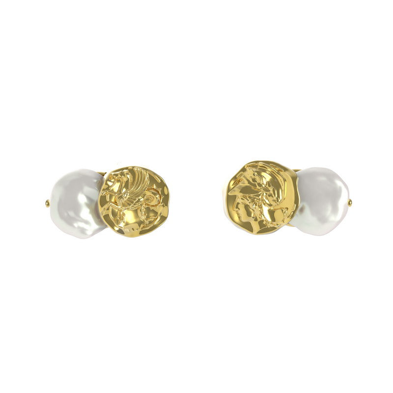 THEOGONY Ancient coin with baroque petal pearl earrings
