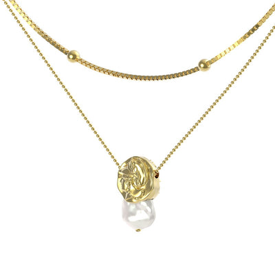 THEOGONY Ancient coin with baroque petal pearl double chain necklace